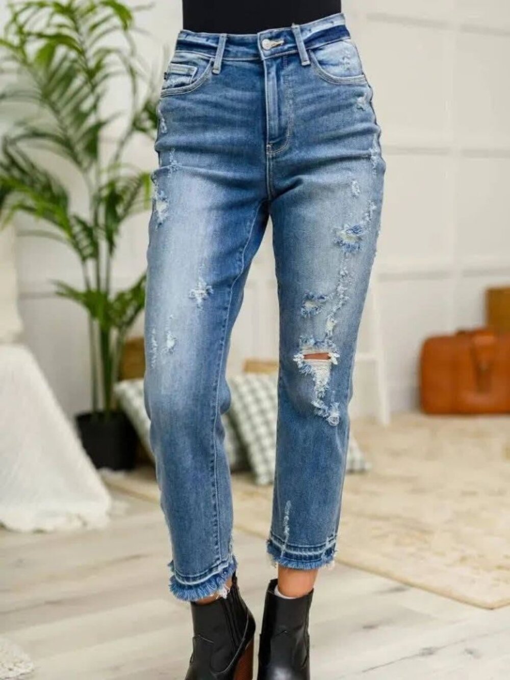 Plus Size Distressed Cropped Wide Leg Ankle Hem Jeans by Judy Blue